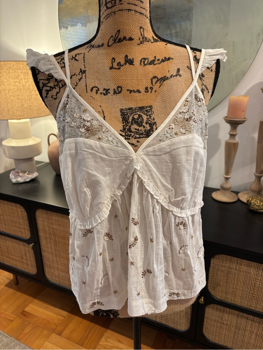 Anthropologie White Embroidered & Beaded Ruffle Tank Top